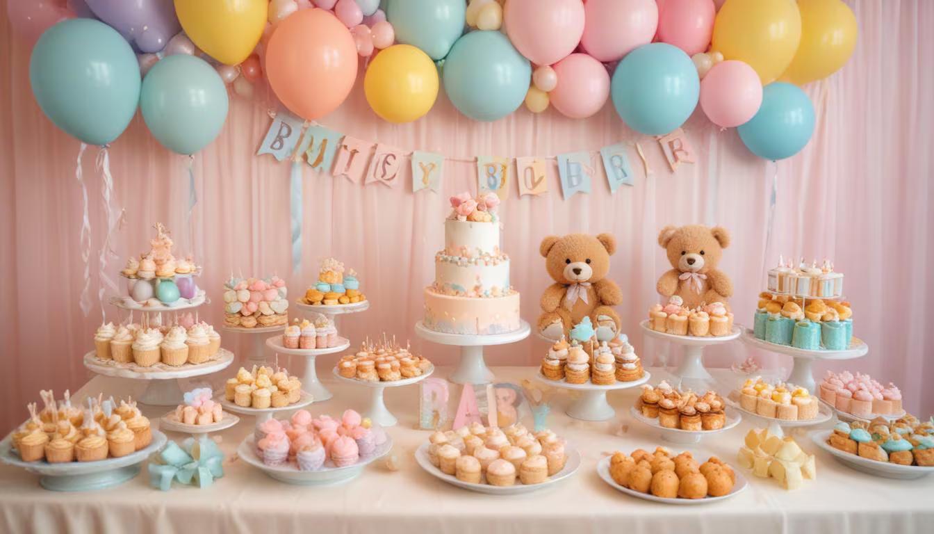 Beautiful baby shower setup with pastel decorations, balloon garland, gift table, and themed party supplies