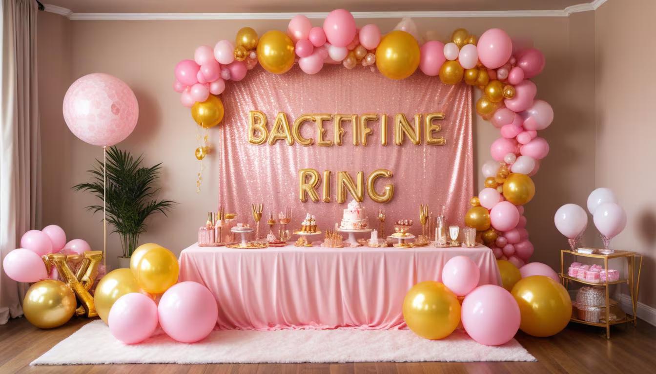 Fun bachelorette party setup with matching decorations, personalized supplies, and festive pink and gold accents