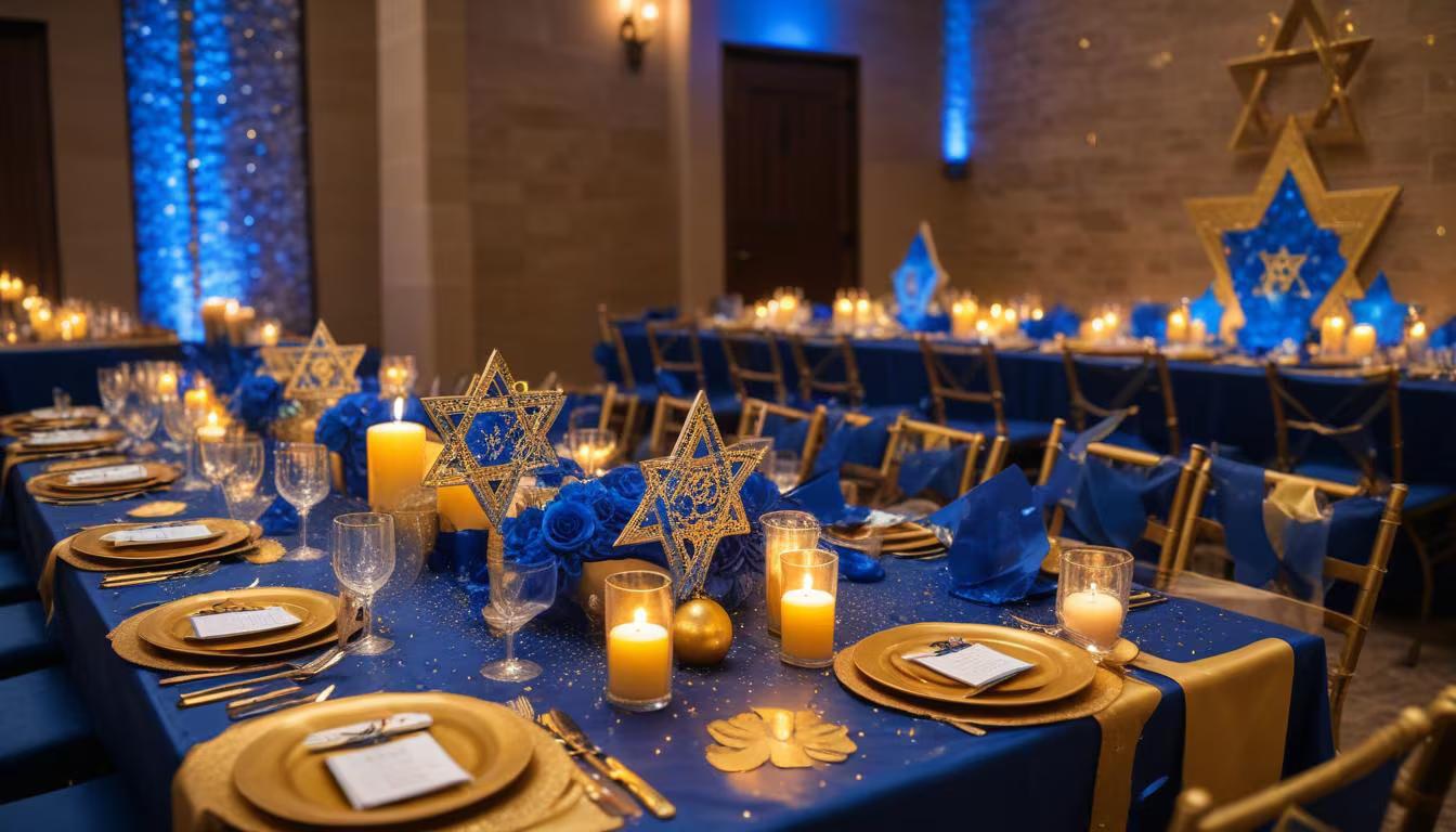 Elegant bar mitzvah party setup with personalized decorations, themed table settings, and festive lighting