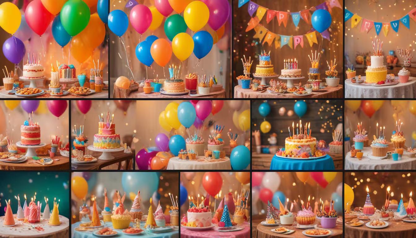 A colorful collage of birthday party themes appropriate for different ages from toddlers to tweens