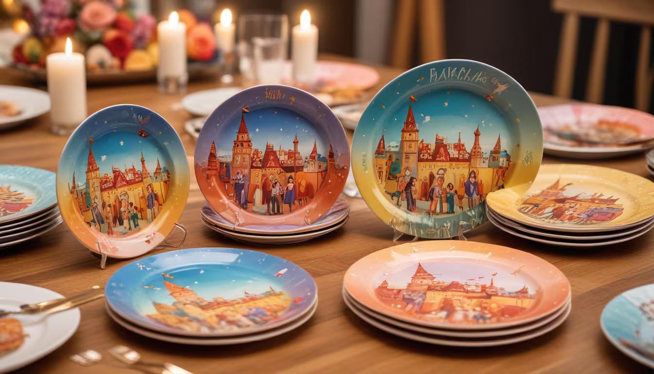 Colorful custom birthday party plates featuring personalized illustrations of children in different fun themes