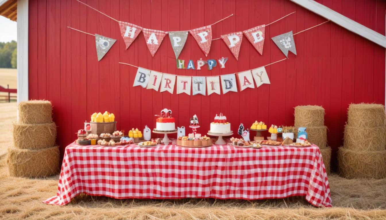 Colorful farm-themed birthday party with red barn decorations, hay bale seating, and animal-shaped treats on a festive table