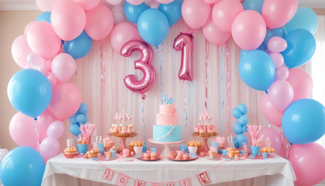 Elegant gender reveal party setup with pink and blue balloons, a question mark cake, and festive decorations