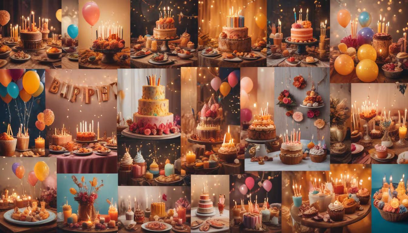 Colorful birthday party decorations spread across a table with themed plates, cups, and banners