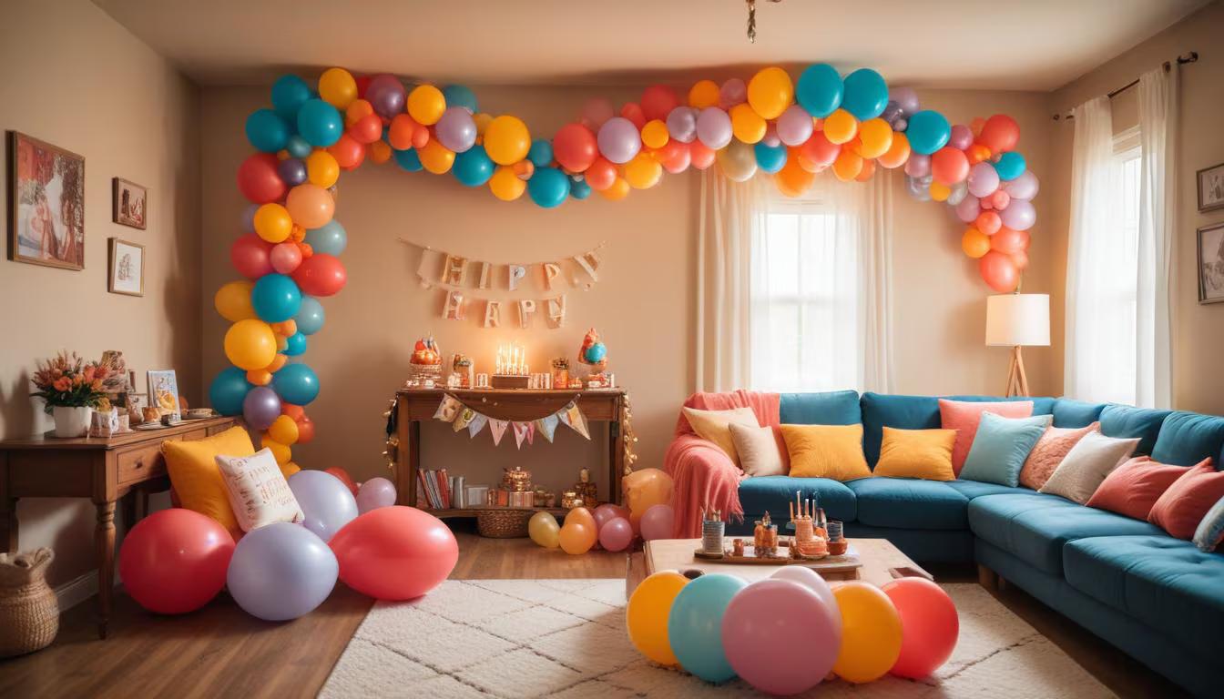Colorful kids birthday party setup at home with DIY decorations, balloons, and a themed table