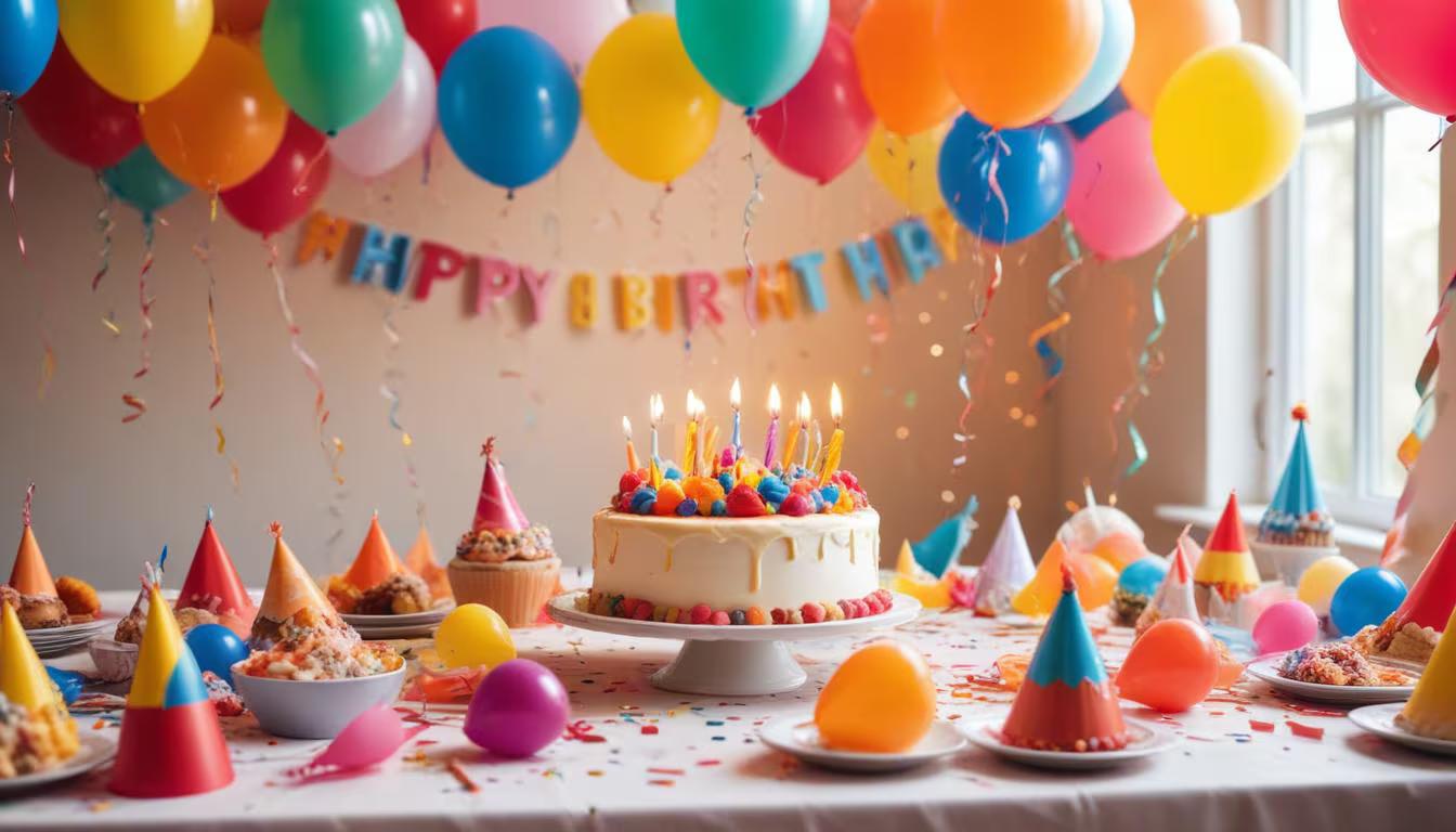 Colorful kids birthday party setup with themed decorations, balloons, and a festive cake table