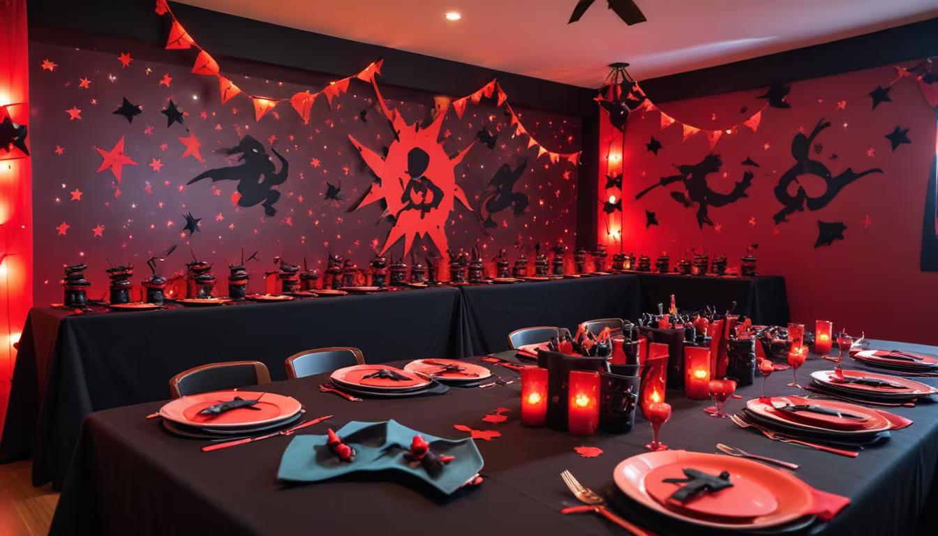 Ninja themed birthday party with black and red decorations, throwing star cutouts, and martial arts props