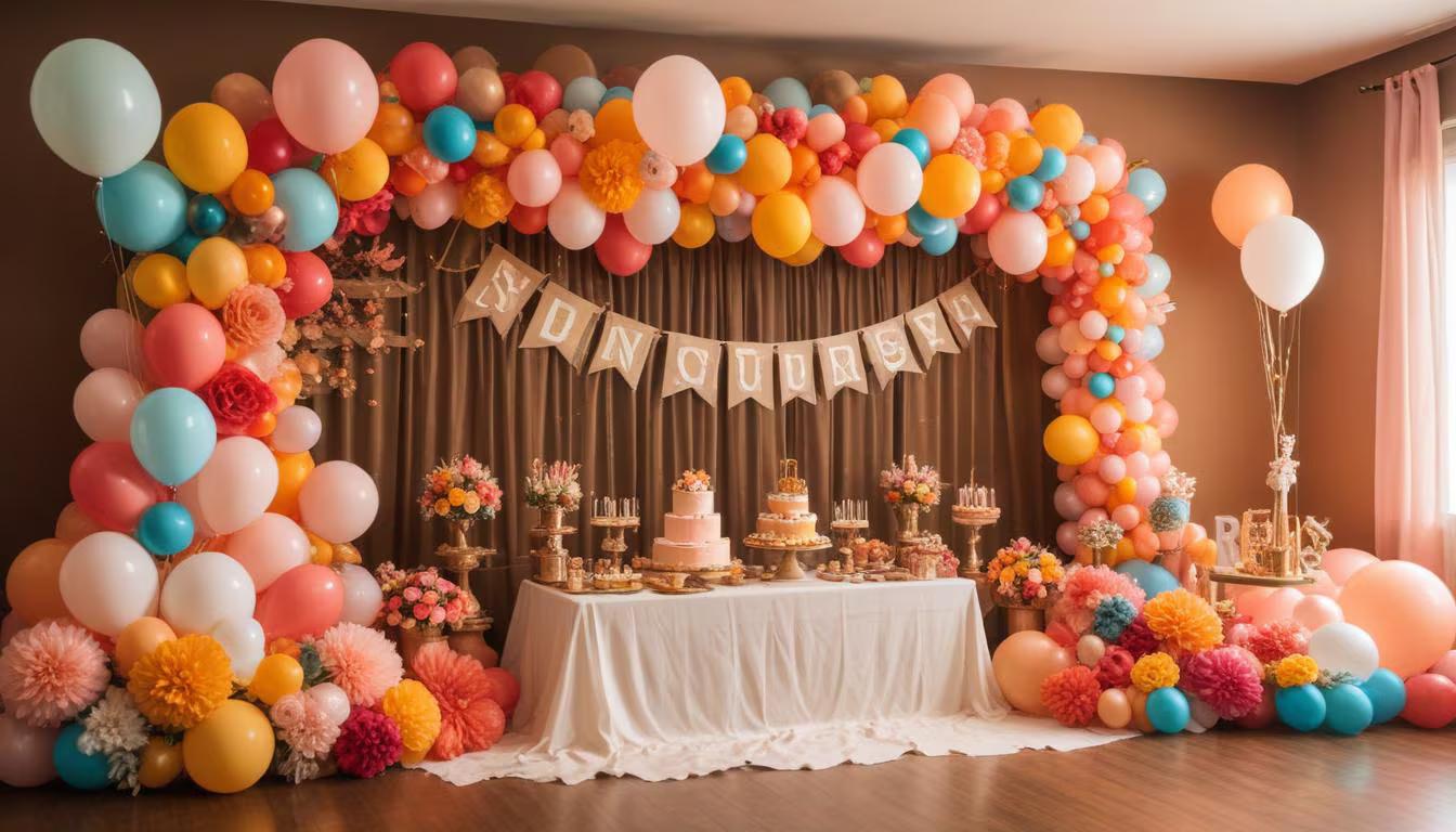 A beautifully decorated party space using budget-friendly decorations including balloons, streamers, and creative DIY elements