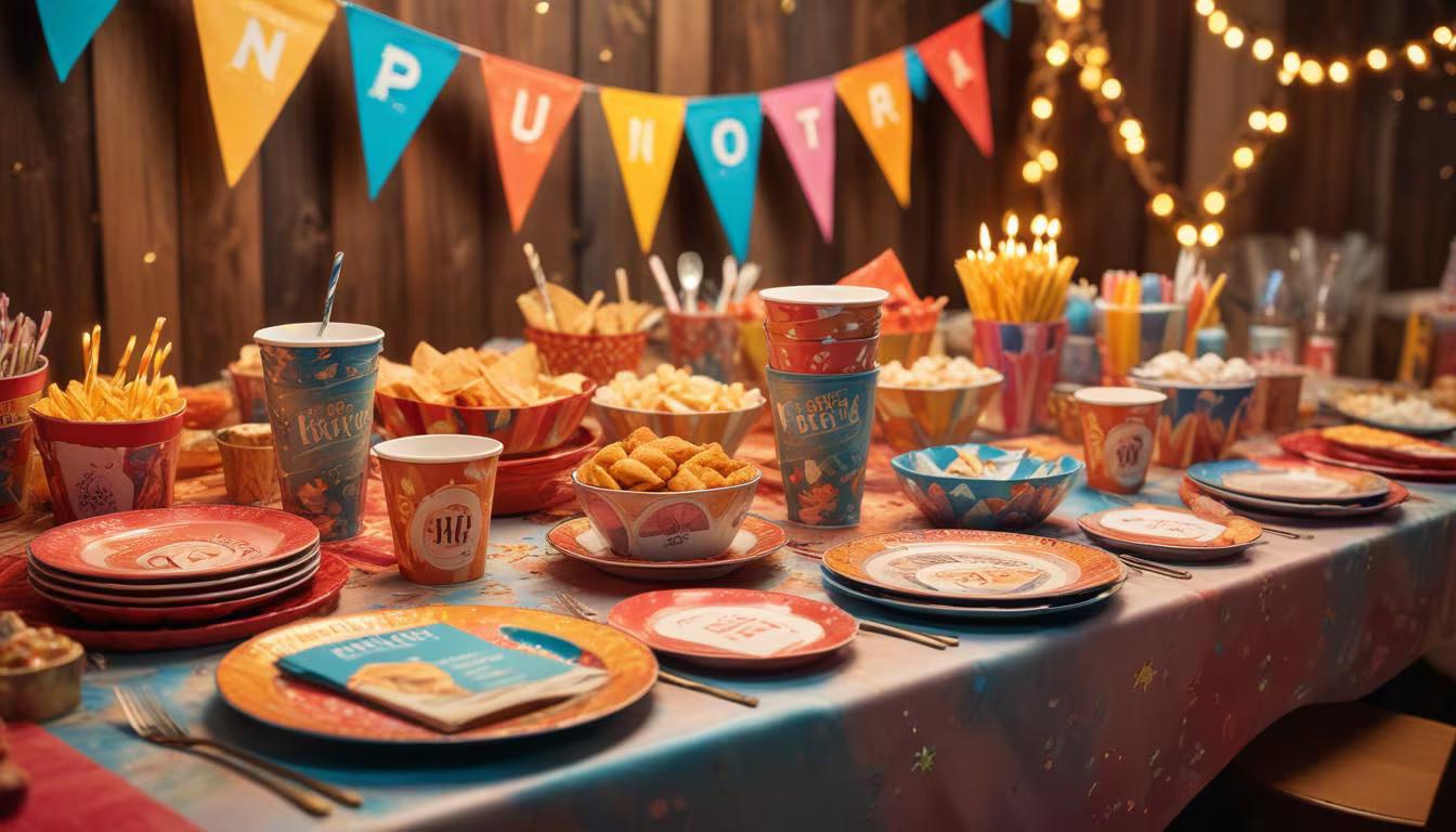 A beautifully set party table featuring personalized plates, cups, napkins, and banners with a child's custom illustration