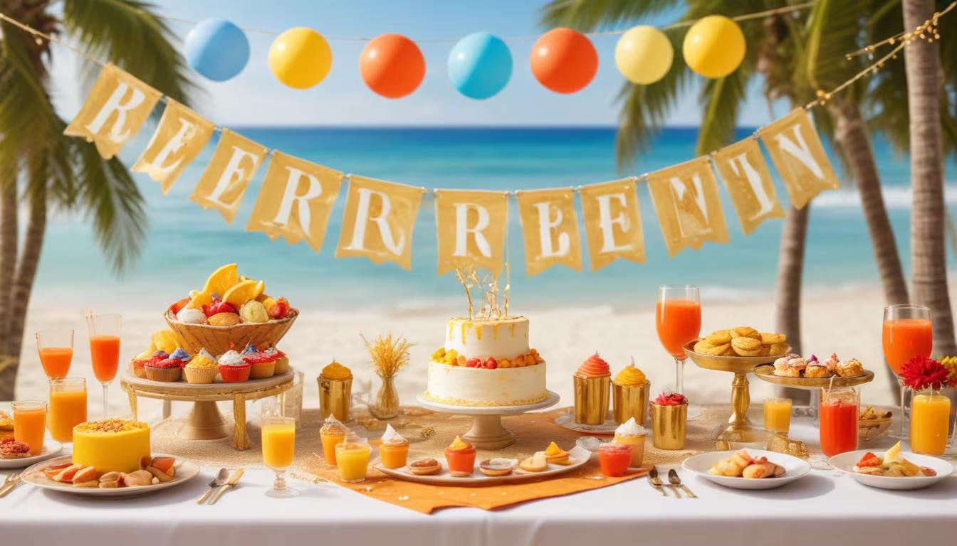 Beautifully decorated retirement party with gold and silver balloons, a congratulations banner, and a table full of treats