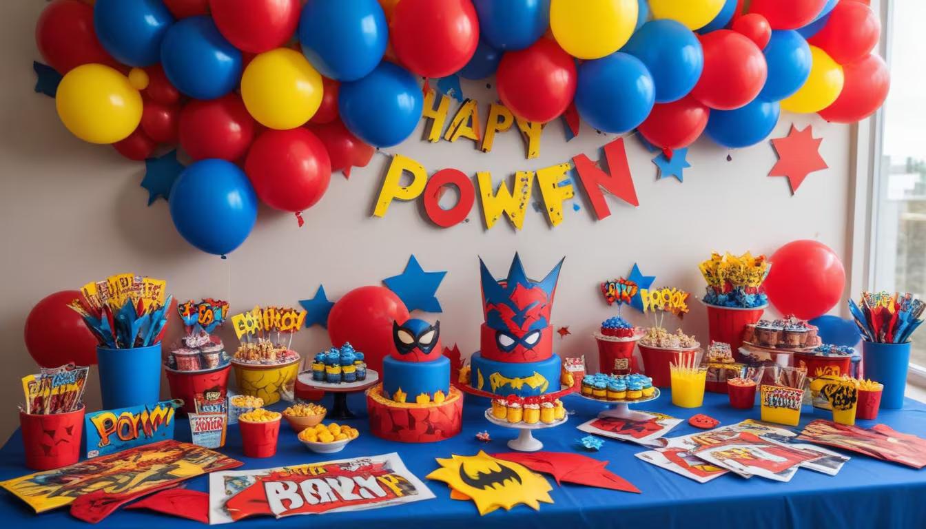 Superhero themed birthday party with colorful comic-style decorations, capes, and action-packed games