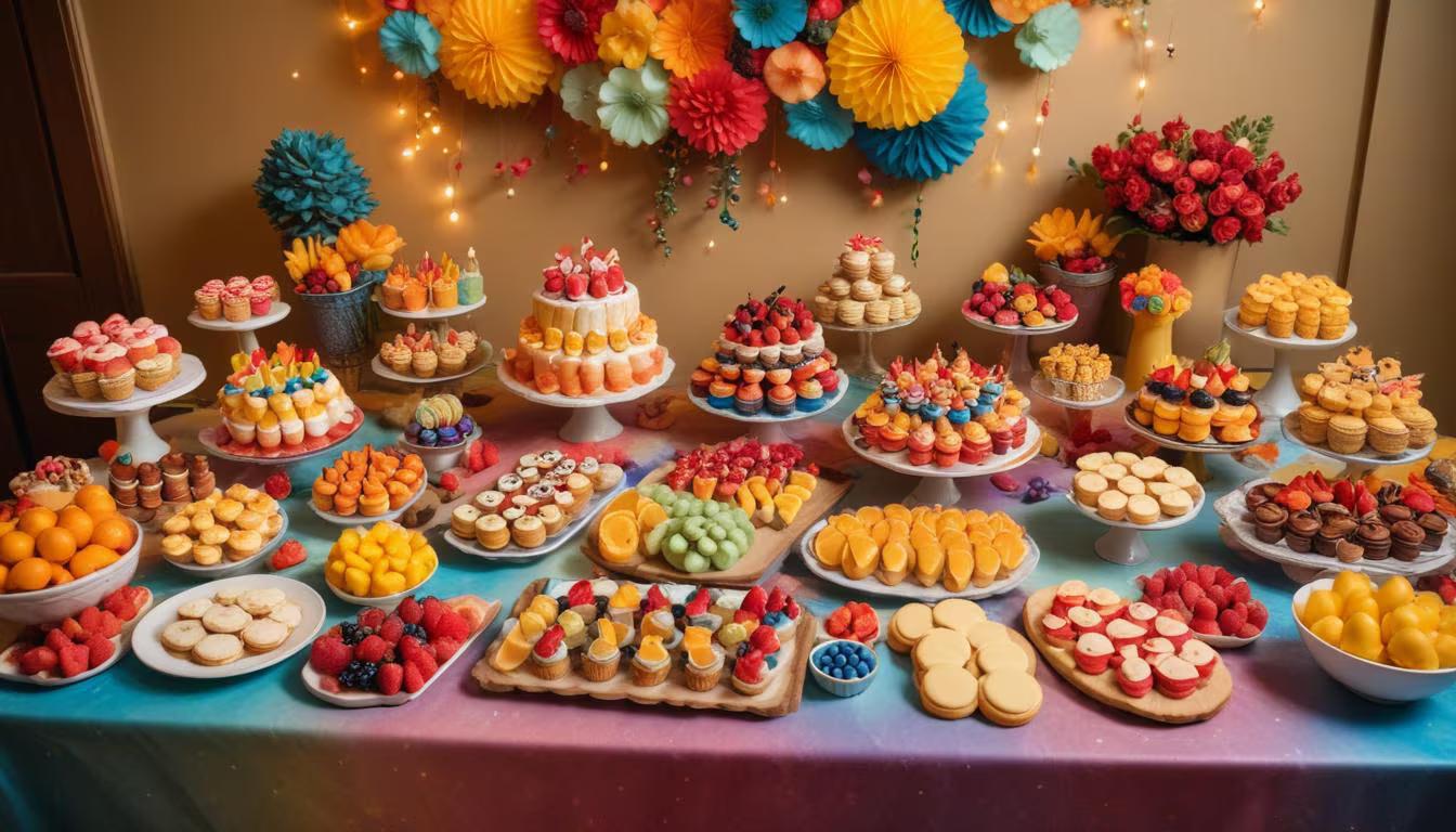 A colorful spread of themed party foods including dinosaur-shaped sandwiches and ocean-blue jello cups
