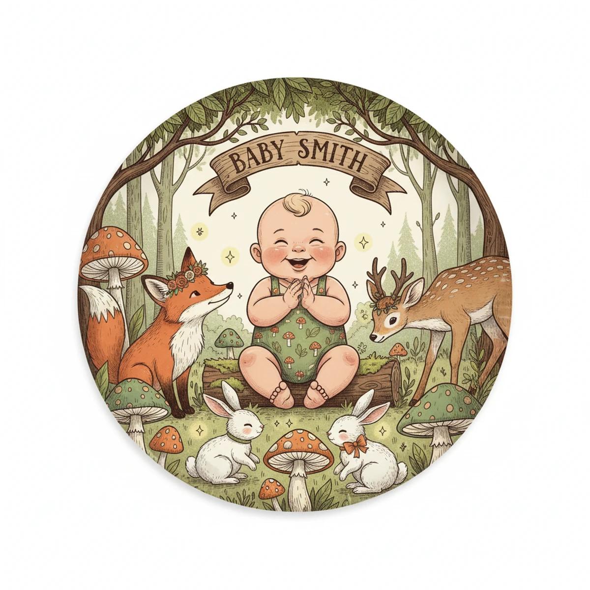 Baby Smith's Woodland party design in Illustrated style
